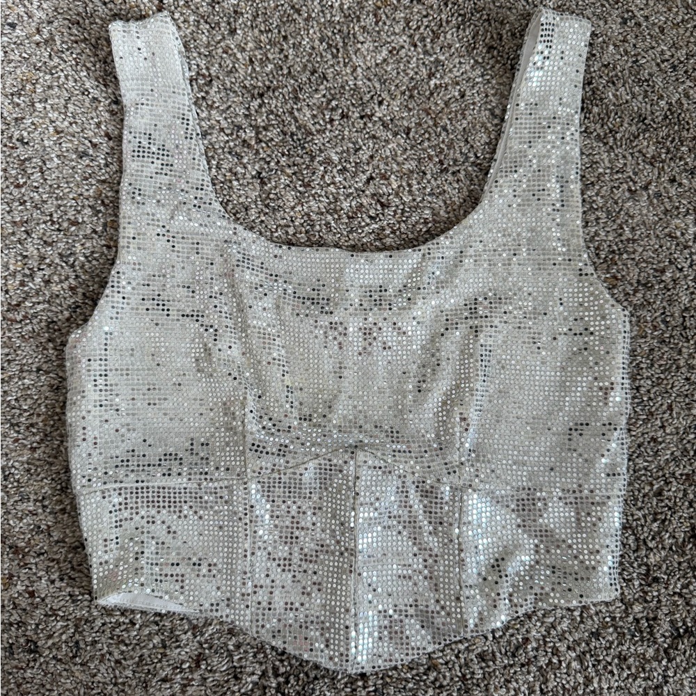 Silver Sequin Tank Top with a Corset Detailing